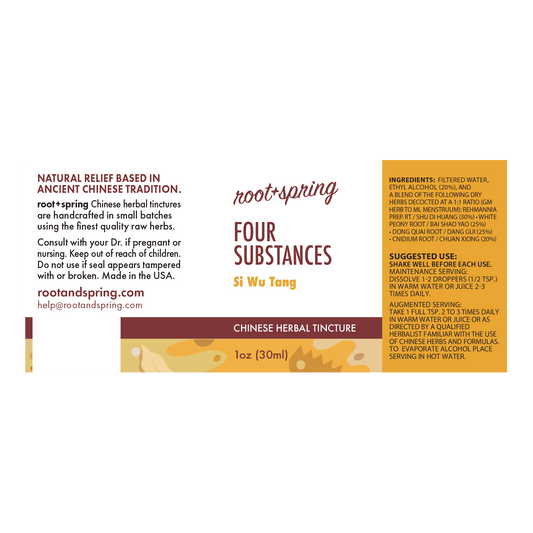 Front label of Root+Spring Four Substances Si Wu Tang herbal tincture, 1 oz (30ml), featuring product information, ingredients, suggested use, and a dark brown and orange color block design.
