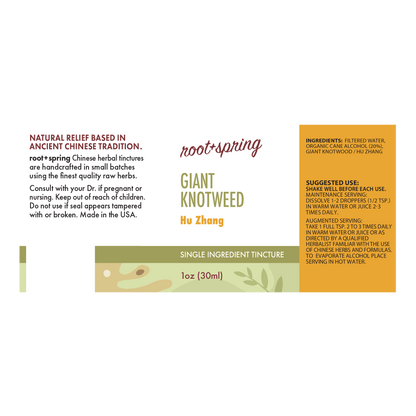Front label of a Root+Spring Hu Zhang Giant Knotweed single-ingredient tincture, 1oz (30ml). The label features a white background with green and orange accents, detailing product history, usage instructions, and ingredients.