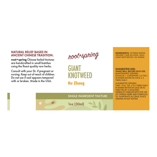 Front label of a Root+Spring Hu Zhang Giant Knotweed single-ingredient tincture, 1oz (30ml). The label features a white background with green and orange accents, detailing product history, usage instructions, and ingredients.