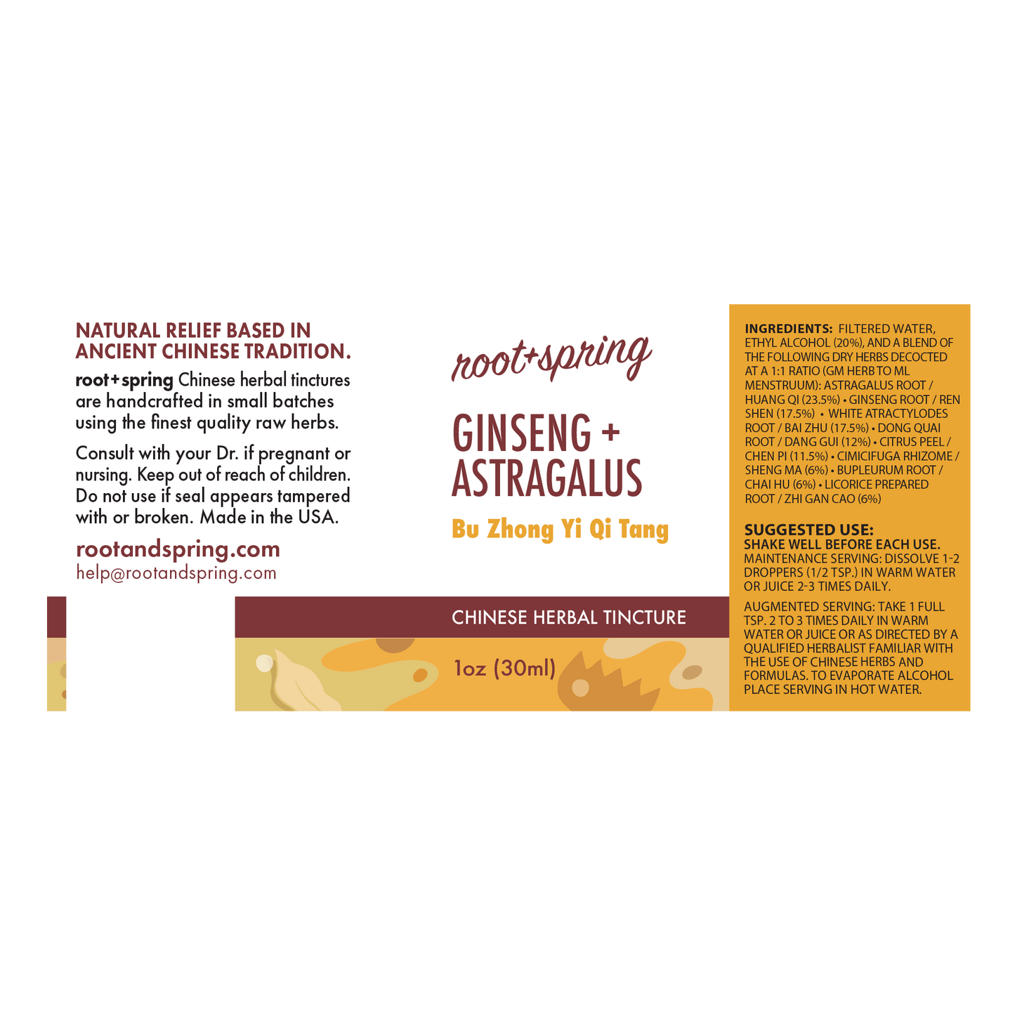 Front of a Root+Spring Ginseng + Astragalus Chinese Herbal Tincture bottle label, showing the brand name, ingredients, suggested use, and a 1 oz (30ml) serving size on a white background with a small orange accent at the bottom.