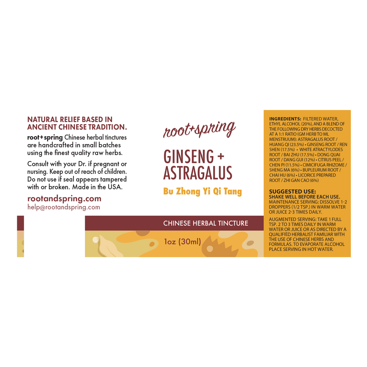 Front of a Root+Spring Ginseng + Astragalus Chinese Herbal Tincture bottle label, showing the brand name, ingredients, suggested use, and a 1 oz (30ml) serving size on a white background with a small orange accent at the bottom.