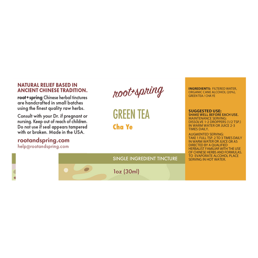 Front label of Root+Spring Green Tea Cha Ye single-ingredient tincture, showing product details, ingredients, suggested use, and a small tincture bottle graphic at the bottom.
