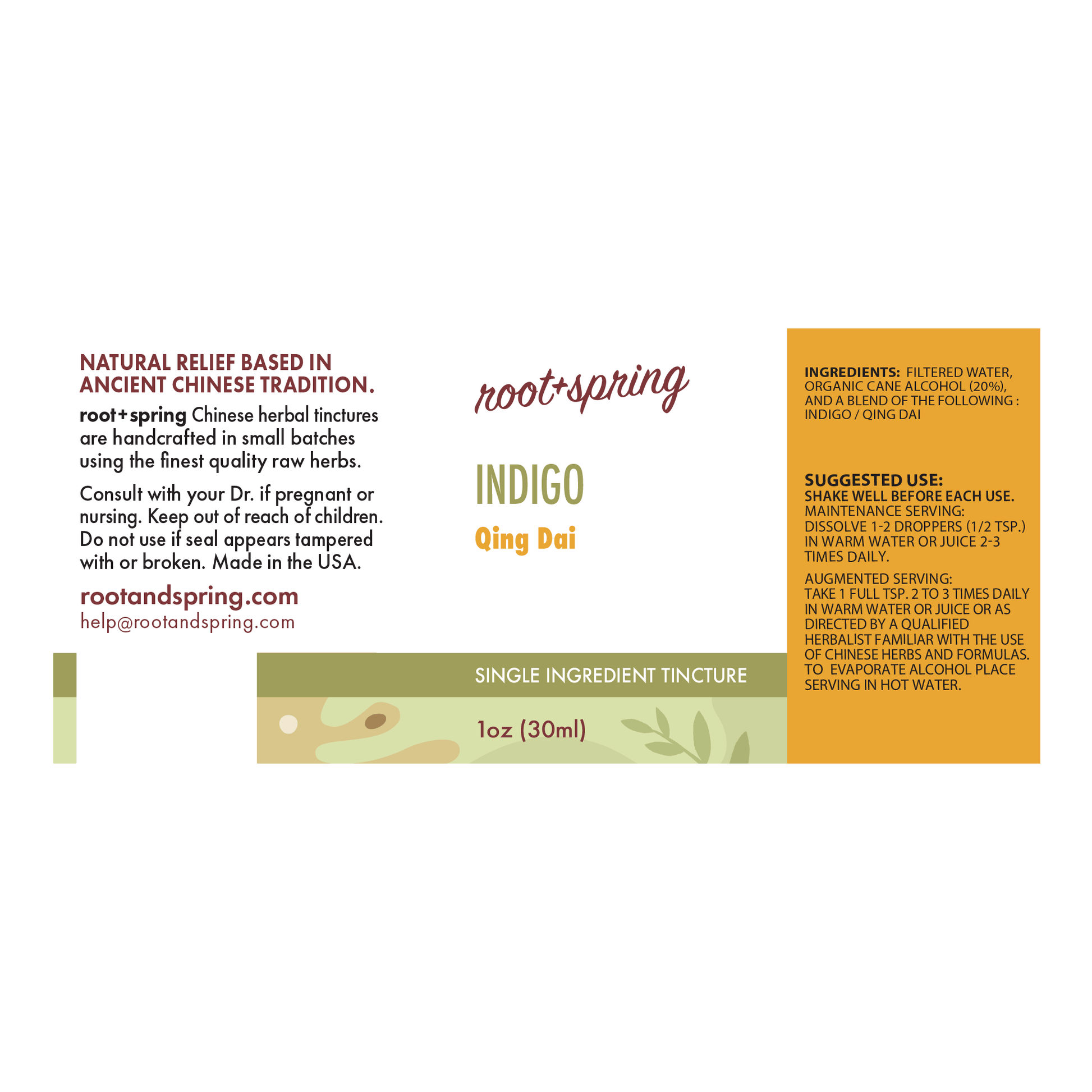 Front of a Root + Spring single-ingredient tincture label for Indigo Qing Dai, showing product name, ingredients, suggested use, and a 1 oz bottle volume on a white background.