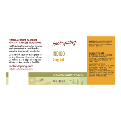 Front of a Root + Spring single-ingredient tincture label for Indigo Qing Dai, showing product name, ingredients, suggested use, and a 1 oz bottle volume on a white background.