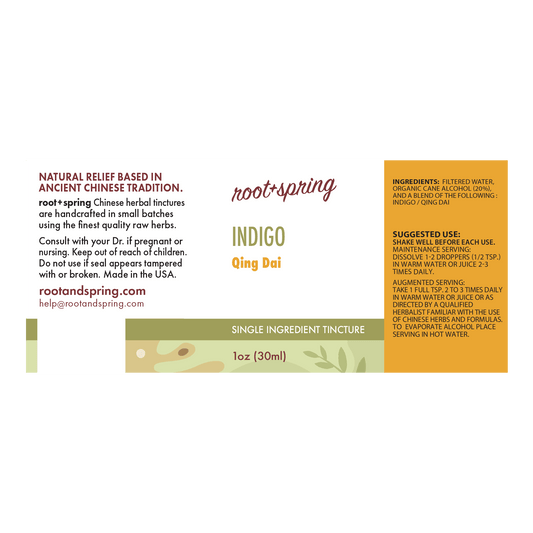 Front of a Root + Spring single-ingredient tincture label for Indigo Qing Dai, showing product name, ingredients, suggested use, and a 1 oz bottle volume on a white background.