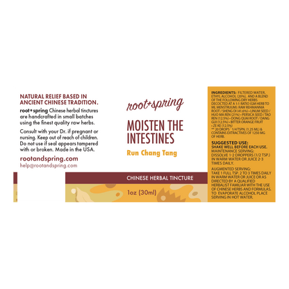Front and back of a Root+Spring Chinese Herbal Tincture bottle label for Run Chang Tang, showing product details, ingredients, and usage instructions on a white background.