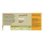 Front label of Root+Spring Mullein single-ingredient tincture, showing product name, ingredients, suggested use, and a small illustrated bottle graphic on a beige and orange background.