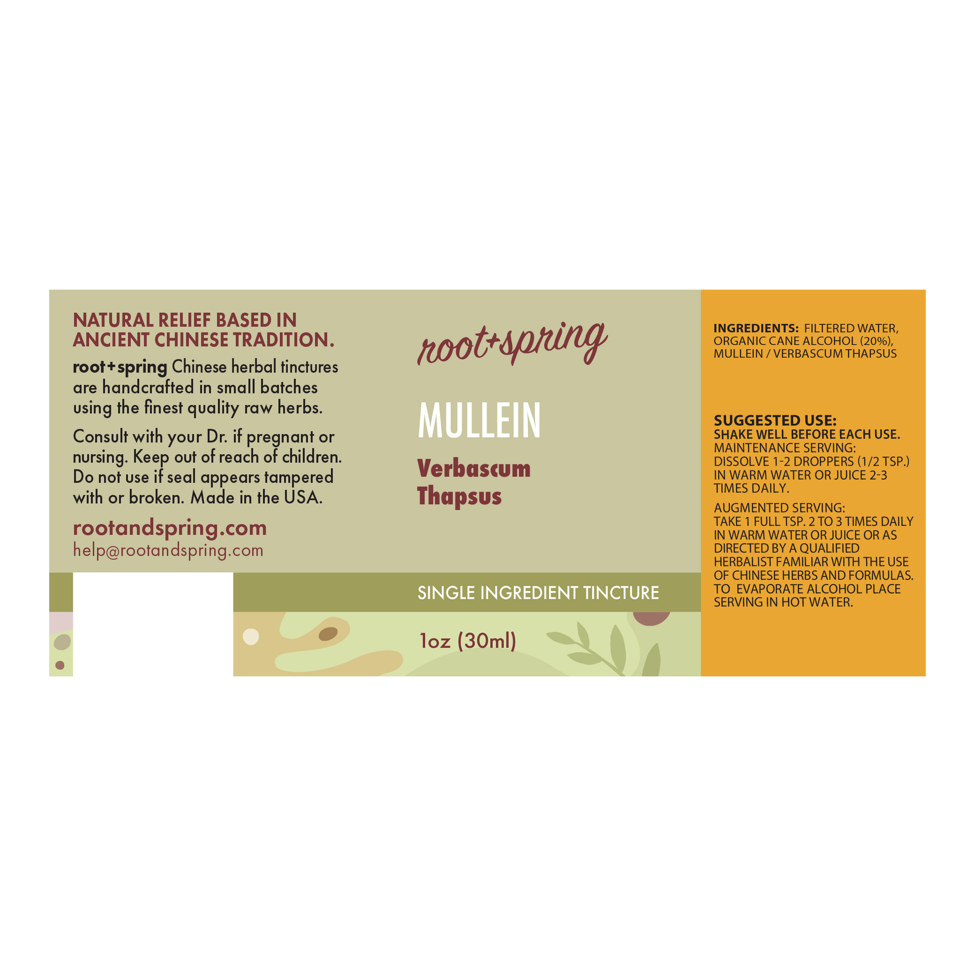 Front label of Root+Spring Mullein single-ingredient tincture, showing product name, ingredients, suggested use, and a small illustrated bottle graphic on a beige and orange background.