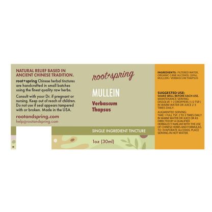 Front label of Root+Spring Mullein single-ingredient tincture, showing product name, ingredients, suggested use, and a small illustrated bottle graphic on a beige and orange background.