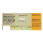 A rectangular product label for Root + Spring Olive Leaf Olea Europaea single ingredient tincture, with a cream background and tan side panels, green leaf illustrations, and black text detailing ingredients, usage, and dosage.
