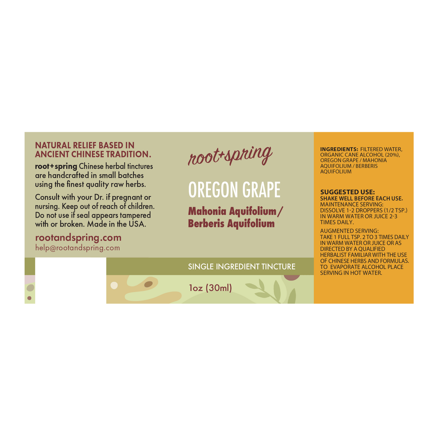 Root+Spring Oregon Grape single-ingredient tincture label, 1oz (30ml). The label features a split design with a warm beige left side and a bright orange right side, detailing ingredients, suggested use, and augmented serving.