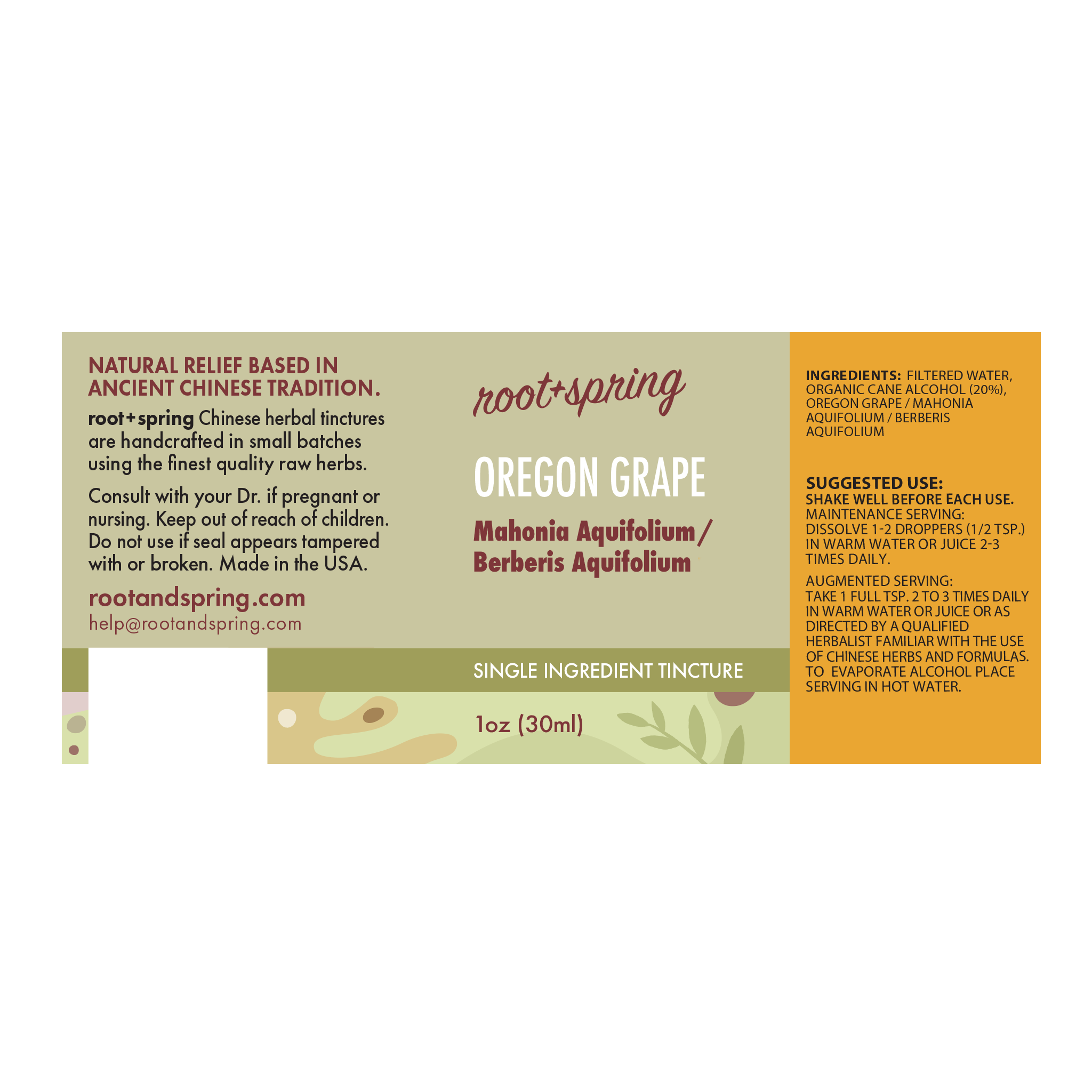 Root+Spring Oregon Grape single-ingredient tincture label, 1oz (30ml). The label features a split design with a warm beige left side and a bright orange right side, detailing ingredients, suggested use, and augmented serving.