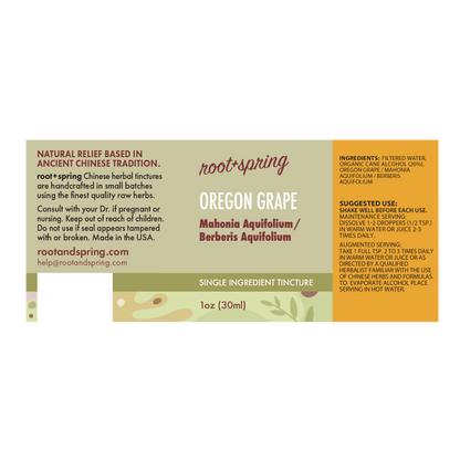 Root+Spring Oregon Grape single-ingredient tincture label, 1oz (30ml). The label features a split design with a warm beige left side and a bright orange right side, detailing ingredients, suggested use, and augmented serving.