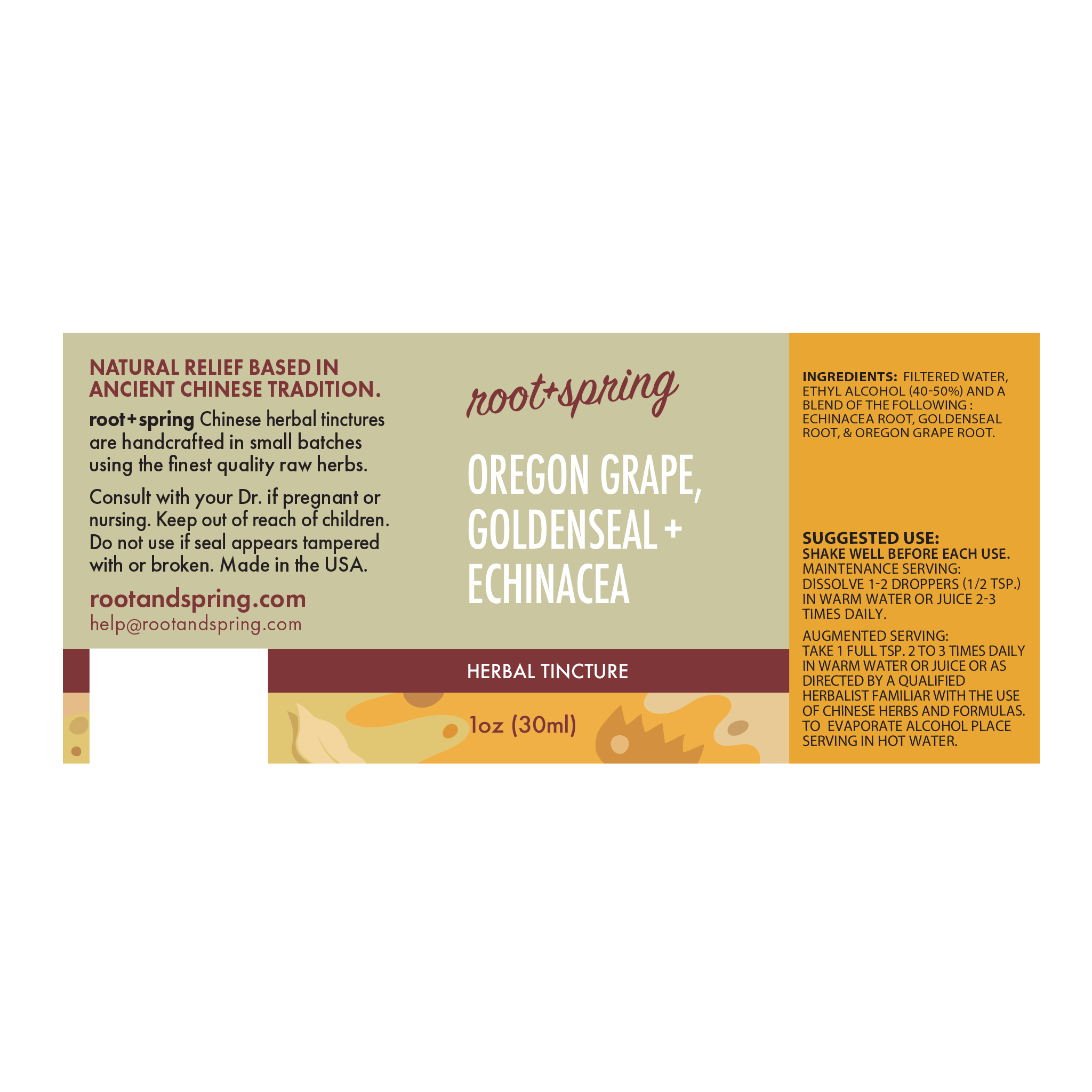 A rectangular herbal tincture label for Root+Spring Oregon Grape, Goldenseal+Echinacea, with text blocks on a cream and tan background and a small botanical illustration at the bottom.