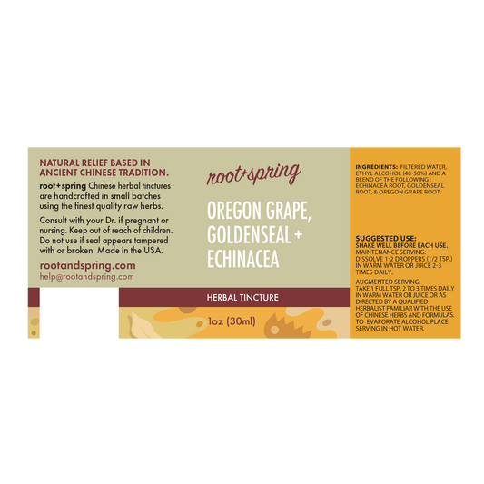 A rectangular herbal tincture label for Root+Spring Oregon Grape, Goldenseal+Echinacea, with text blocks on a cream and tan background and a small botanical illustration at the bottom.