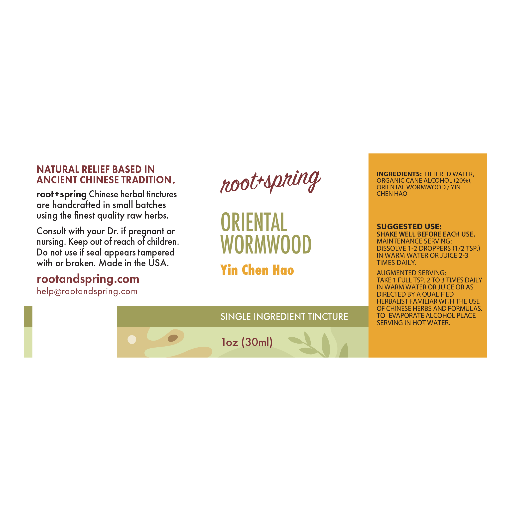 Front label of Root+Spring Oriental Wormwood Yin Chen Hao single ingredient tincture, 1 oz (30ml). Features a white background with a green and orange accent band at the bottom, alongside product details, ingredients, and usage instructions.