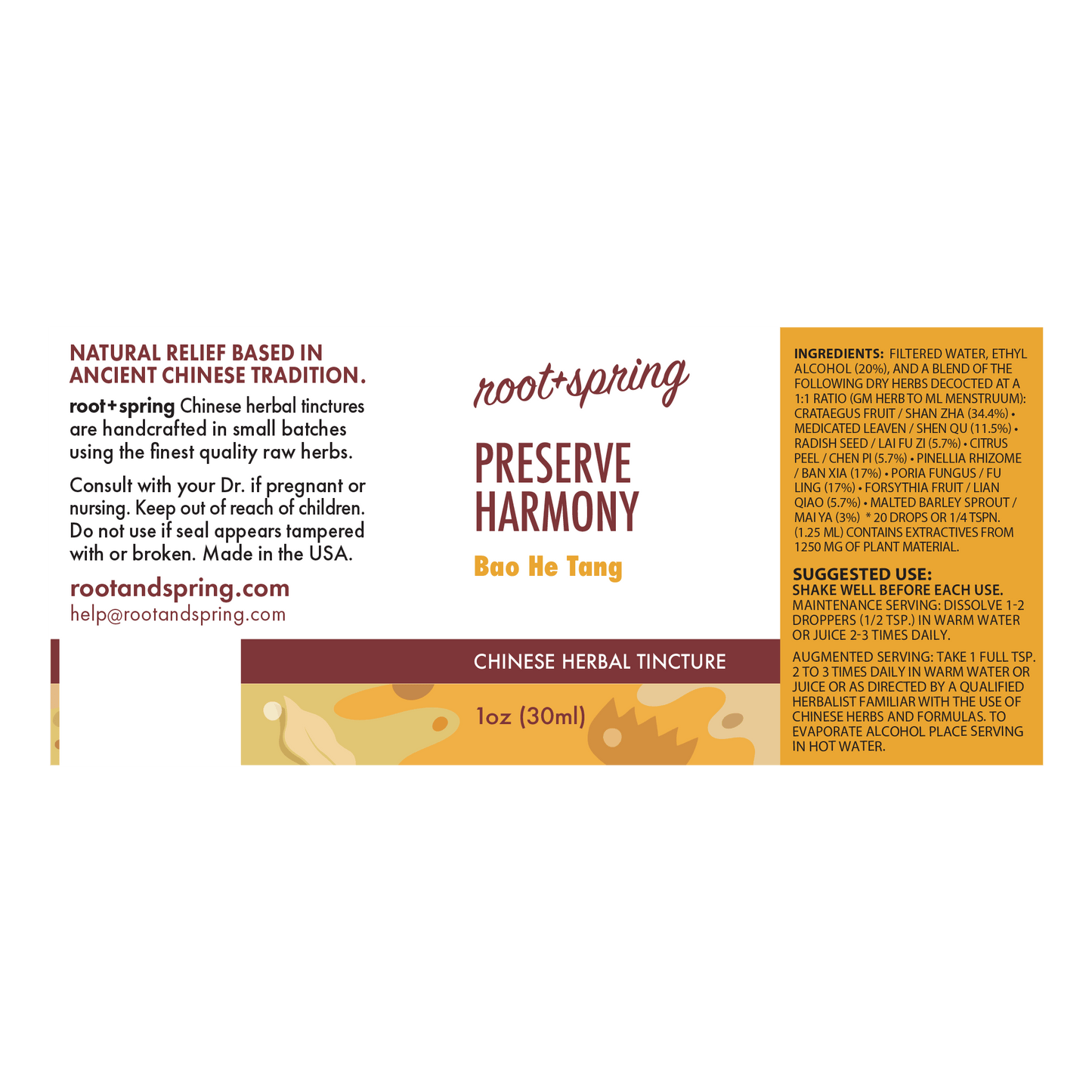 Root+Spring Preserve Harmony Chinese herbal tincture packaging label, featuring a white background with red and brown branding, a small illustrated tincture bottle, and text detailing ingredients, suggested use, and warnings.