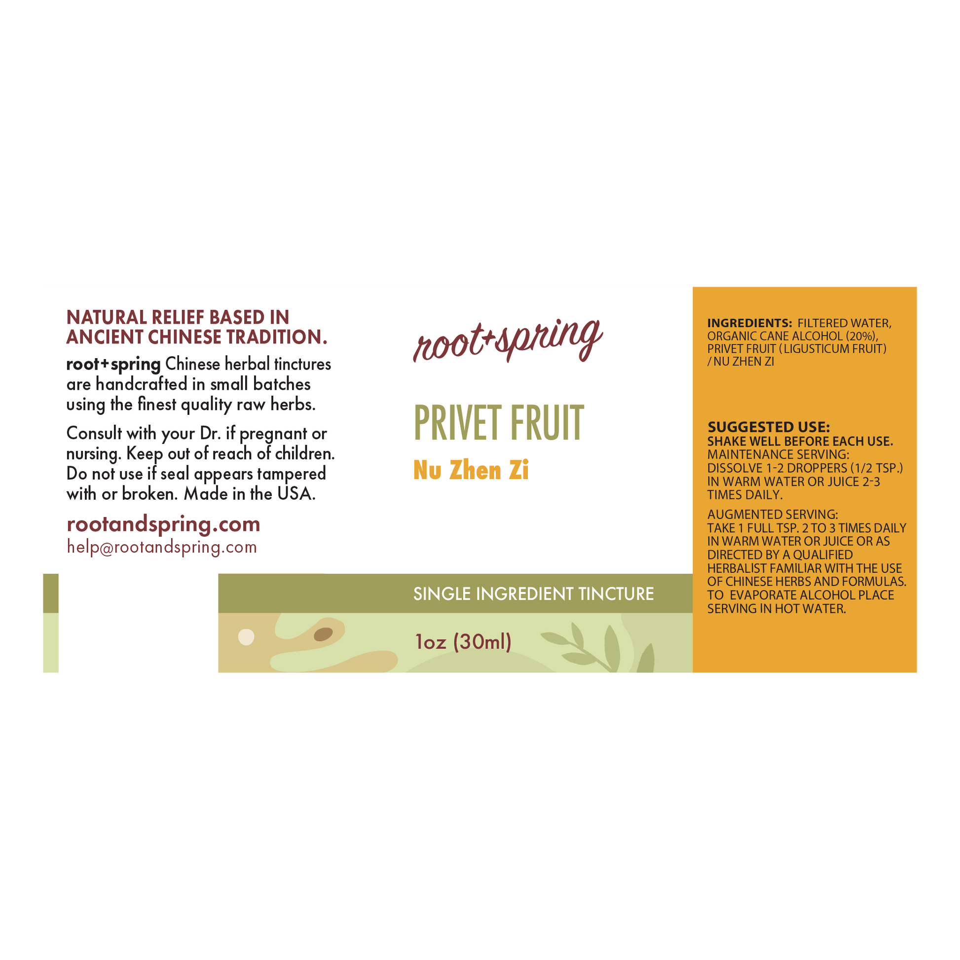 Front label of Root+Spring Privet Fruit Nu Zhen Zi single-ingredient tincture, showing product name, website, ingredients, suggested use, and a 1 oz bottle volume on a white background.