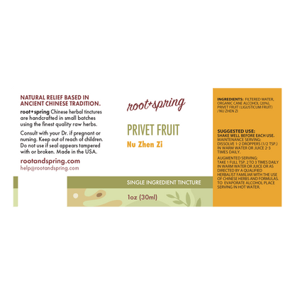 Front label of Root+Spring Privet Fruit Nu Zhen Zi single-ingredient tincture, showing product name, website, ingredients, suggested use, and a 1 oz bottle volume on a white background.