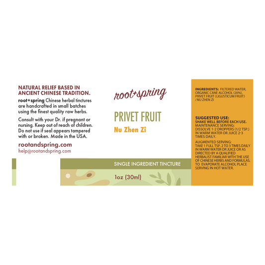 Front label of Root+Spring Privet Fruit Nu Zhen Zi single-ingredient tincture, showing product name, website, ingredients, suggested use, and a 1 oz bottle volume on a white background.