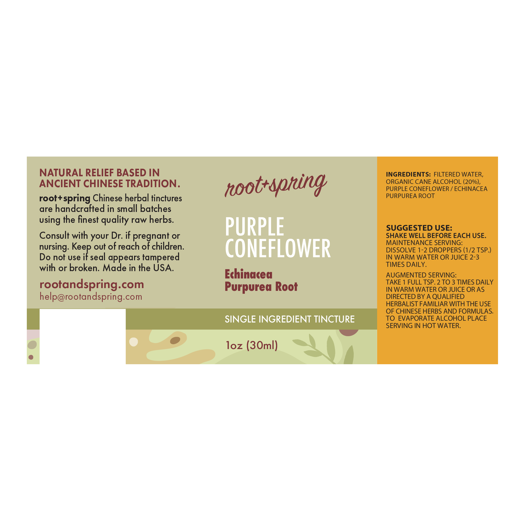 A rectangular herbal tincture label for Root + Spring Purple Coneflower. The label has a cream background with a large orange information panel including the ingredients, suggested use, and information.
