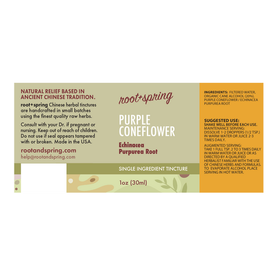 A rectangular herbal tincture label for Root + Spring Purple Coneflower. The label has a cream background with a large orange information panel including the ingredients, suggested use, and information.