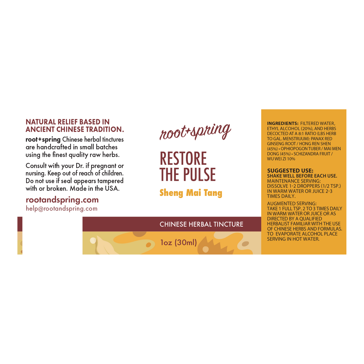 Front label of Root + Spring Chinese Herbal Tincture 'Restore the Pulse' (Sheng Mei Tang), showing product name, description, ingredients, suggested use, and dosage instructions on a white background.
