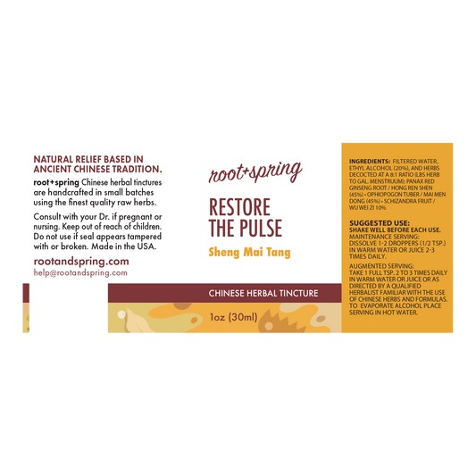 Front label of Root + Spring Chinese Herbal Tincture 'Restore the Pulse' (Sheng Mei Tang), showing product name, description, ingredients, suggested use, and dosage instructions on a white background.