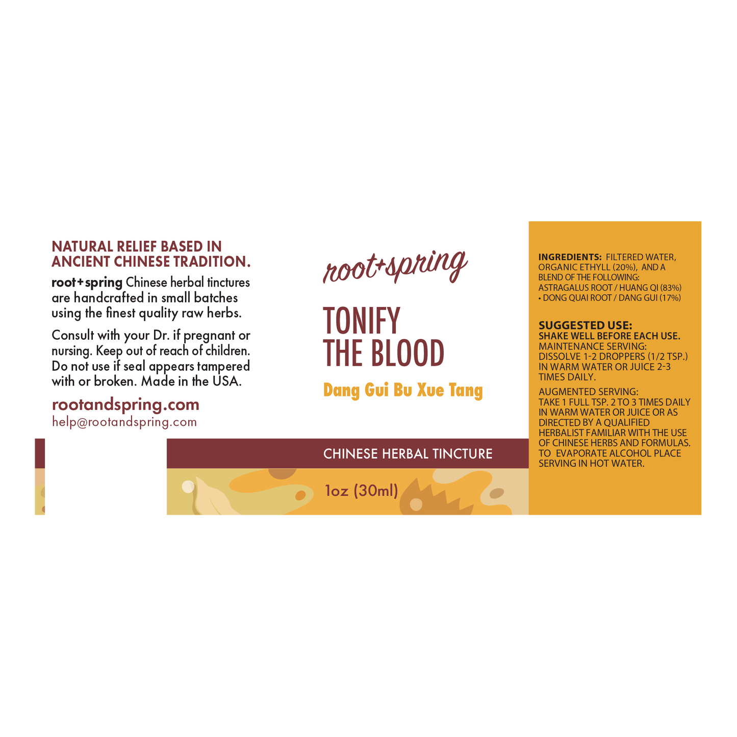Front label of Root+Spring Tonify the Blood Chinese Herbal Tincture, 1oz (30ml), featuring product details, ingredients, and suggested use on a white background.
