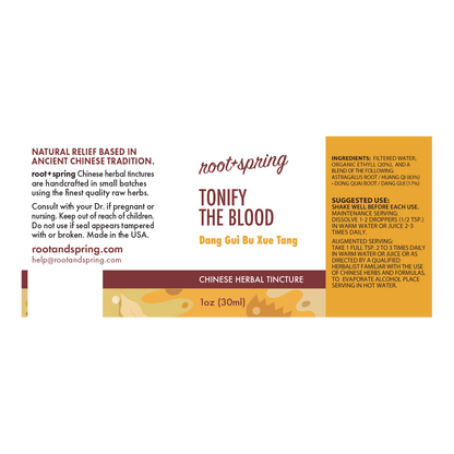 Front label of Root+Spring Tonify the Blood Chinese Herbal Tincture, 1oz (30ml), featuring product details, ingredients, and suggested use on a white background.