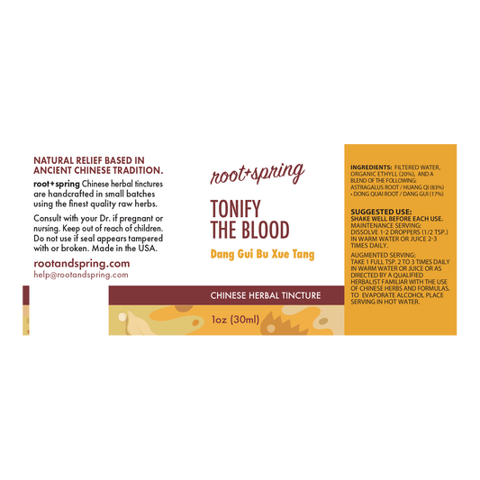 Front label of Root+Spring Tonify the Blood Chinese Herbal Tincture, 1oz (30ml), featuring product details, ingredients, and suggested use on a white background.