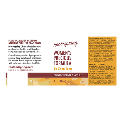 Front label of Root+Spring Women's Precious Formula Ba Zhen Tang Chinese herbal tincture, showing product name, ingredients, suggested use, and website on a white background.