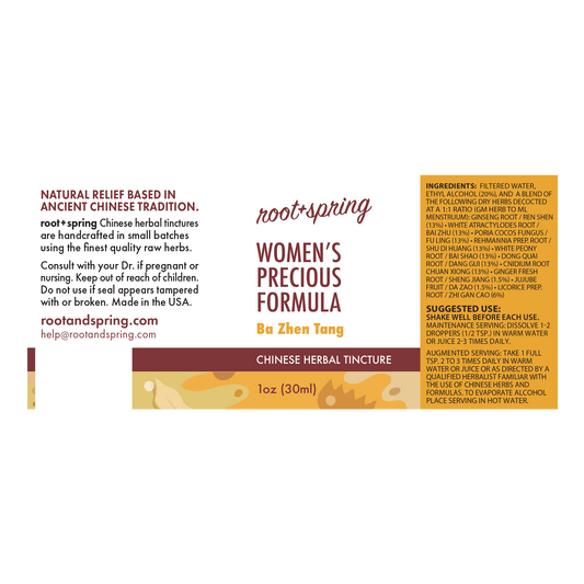 Front label of Root+Spring Women's Precious Formula Ba Zhen Tang Chinese herbal tincture, showing product name, ingredients, suggested use, and website on a white background.
