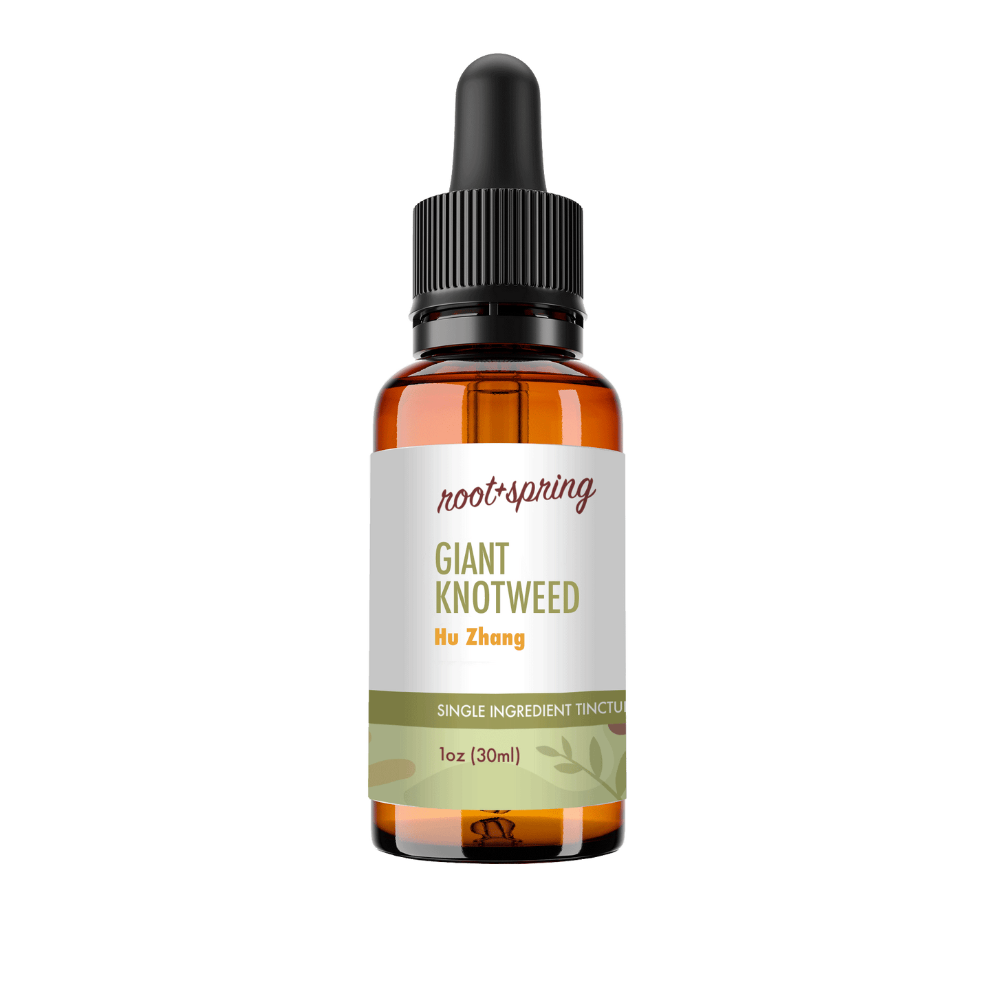 A 30ml amber glass dropper bottle of Root+Spring Giant Knotweed Hu Zhang single ingredient tincture, featuring a white label with green and orange text and a black dropper cap, set against a plain white background.