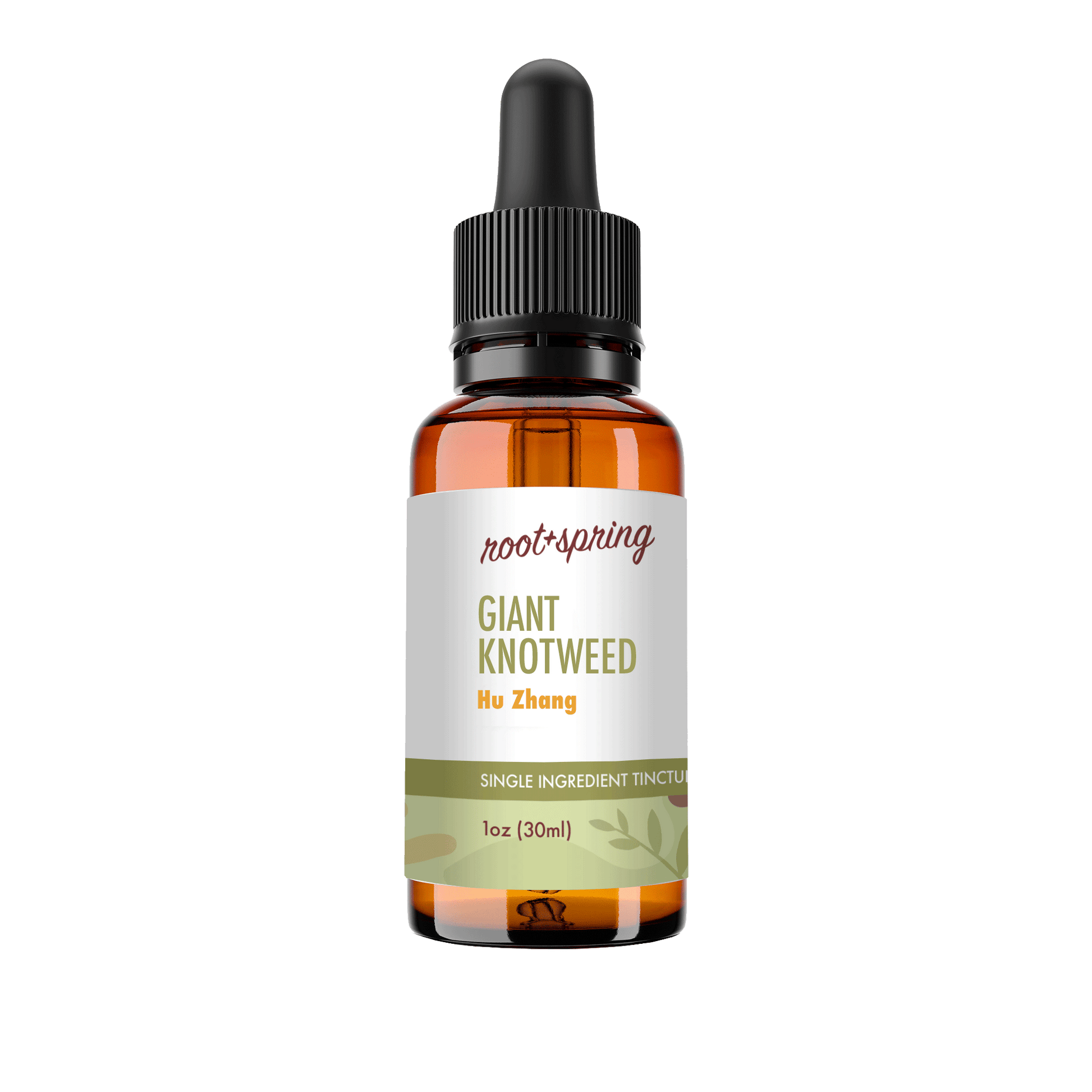 A 30ml amber glass dropper bottle of Root+Spring Giant Knotweed Hu Zhang single ingredient tincture, featuring a white label with green and orange text and a black dropper cap, set against a plain white background.