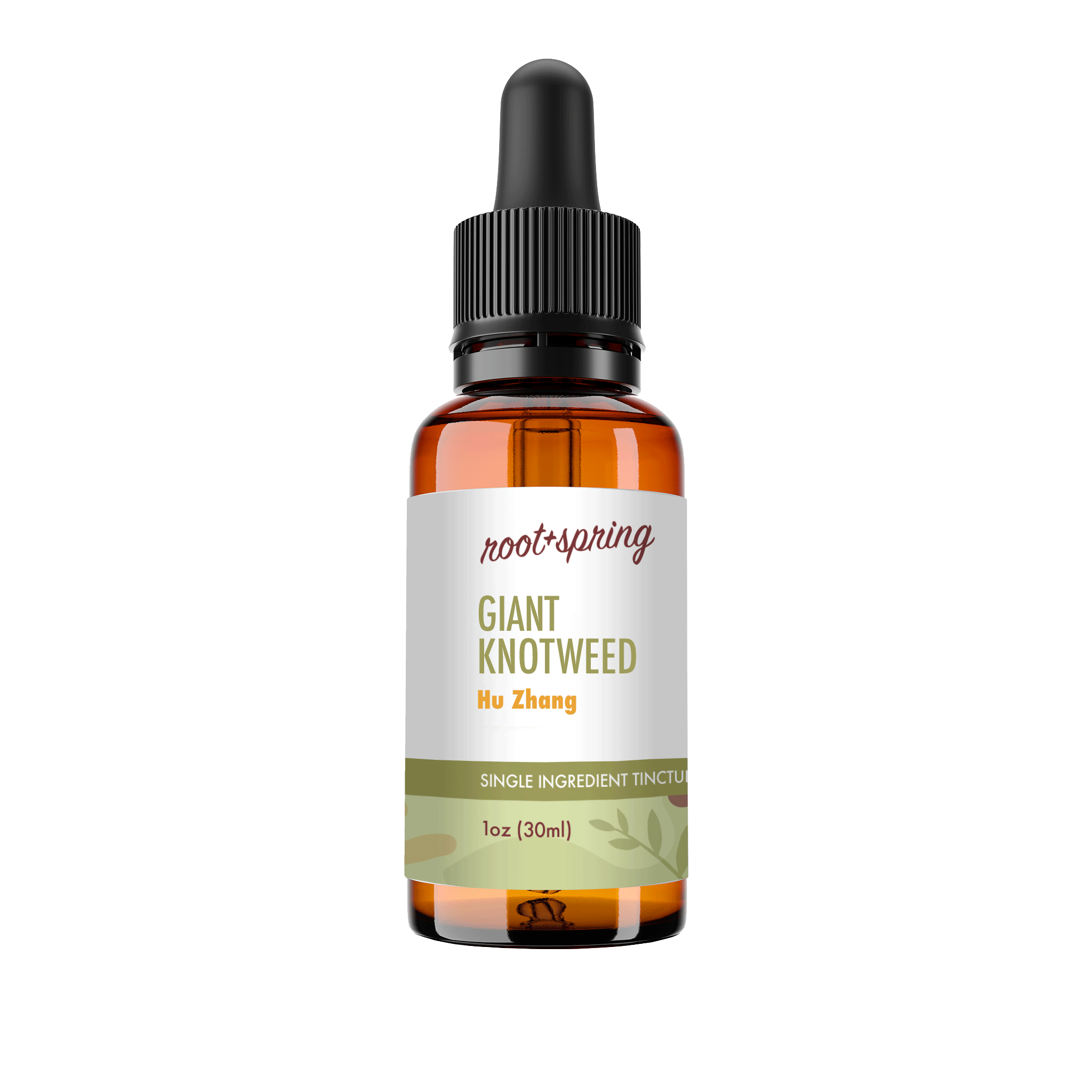 A 30ml amber glass dropper bottle of Root+Spring Giant Knotweed Hu Zhang single ingredient tincture, featuring a white label with green and orange text and a black dropper cap, set against a plain white background.
