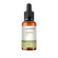 A 1 oz amber glass dropper bottle of Root+Spring Green Tea Cha Ye single ingredient tincture, featuring a white label with green and orange text, and a black dropper cap, isolated on a white background.