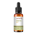 A 1 oz amber glass dropper bottle of Root+Spring Green Tea Cha Ye single ingredient tincture, featuring a white label with green and orange text, and a black dropper cap, isolated on a white background.