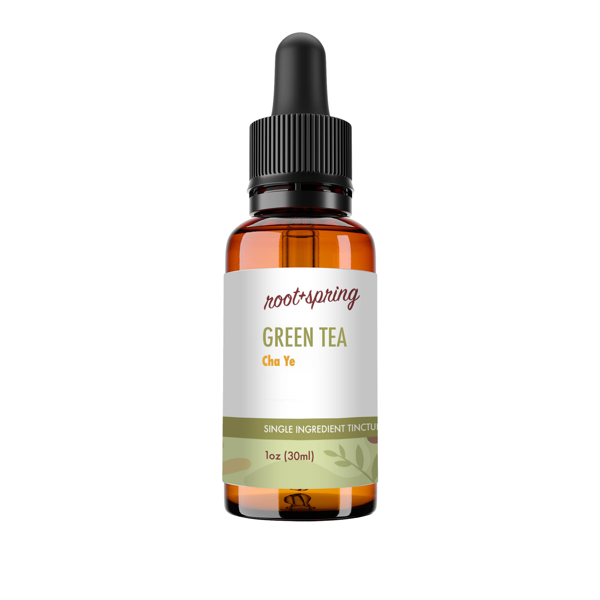 A 1 oz amber glass dropper bottle of Root+Spring Green Tea Cha Ye single ingredient tincture, featuring a white label with green and orange text, and a black dropper cap, isolated on a white background.