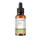 A 1 oz amber glass dropper bottle of Root+Spring Tincture of the Month, Indigo, with a white label and black dropper cap, isolated on a white background.