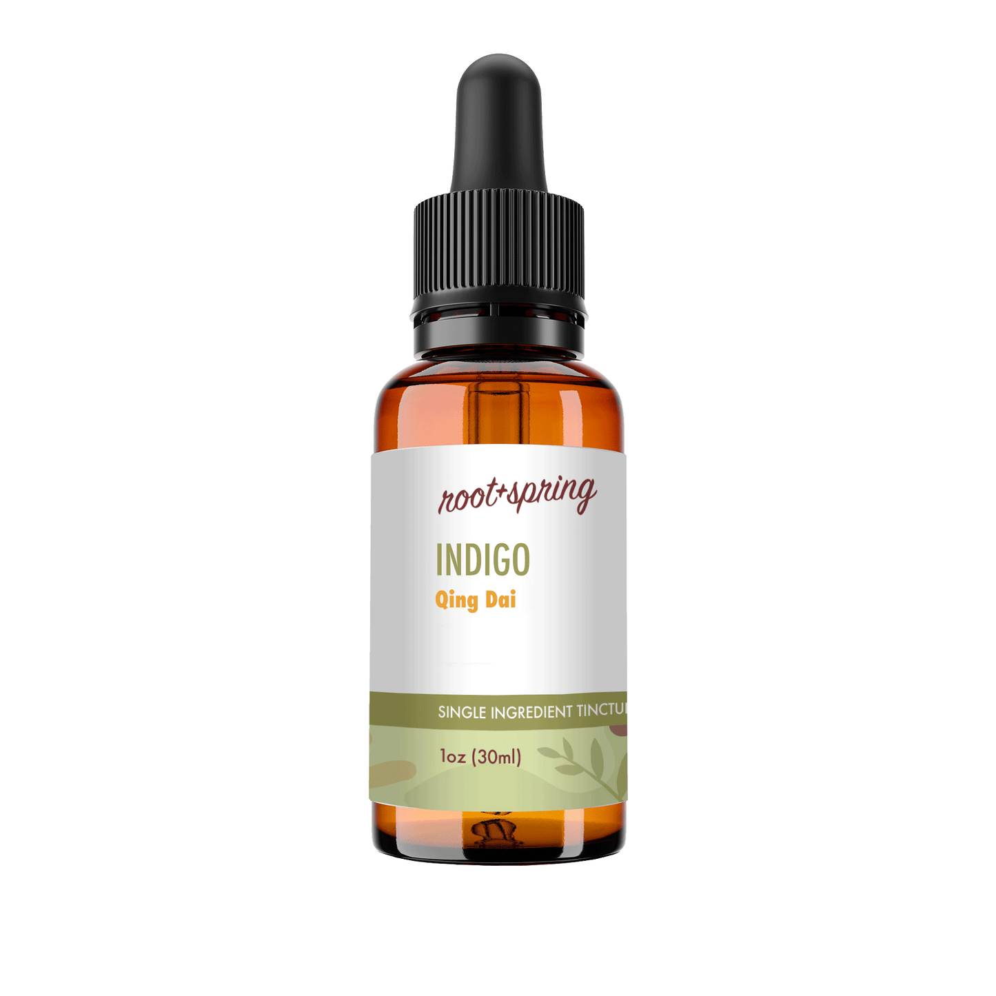 A 1 oz amber glass dropper bottle of Root+Spring Tincture of the Month, Indigo, with a white label and black dropper cap, isolated on a white background.