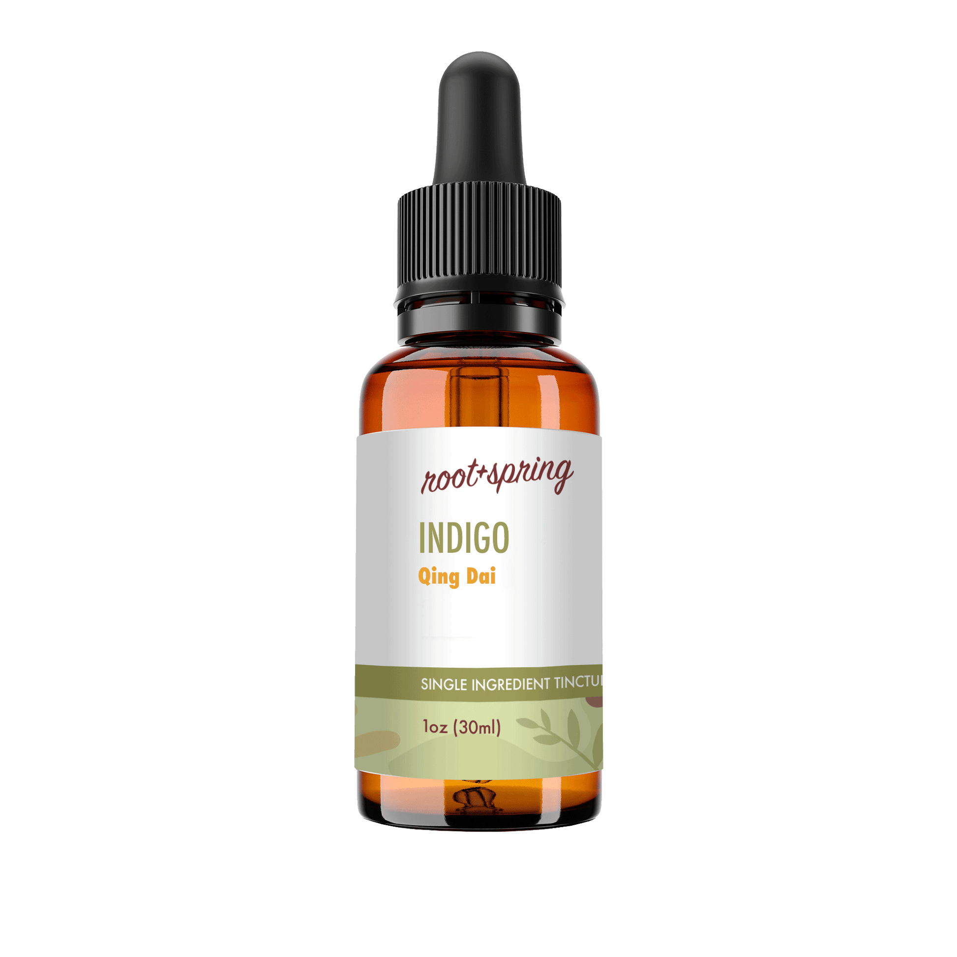 A 1 oz amber glass dropper bottle of Root+Spring Tincture of the Month, Indigo, with a white label and black dropper cap, isolated on a white background.