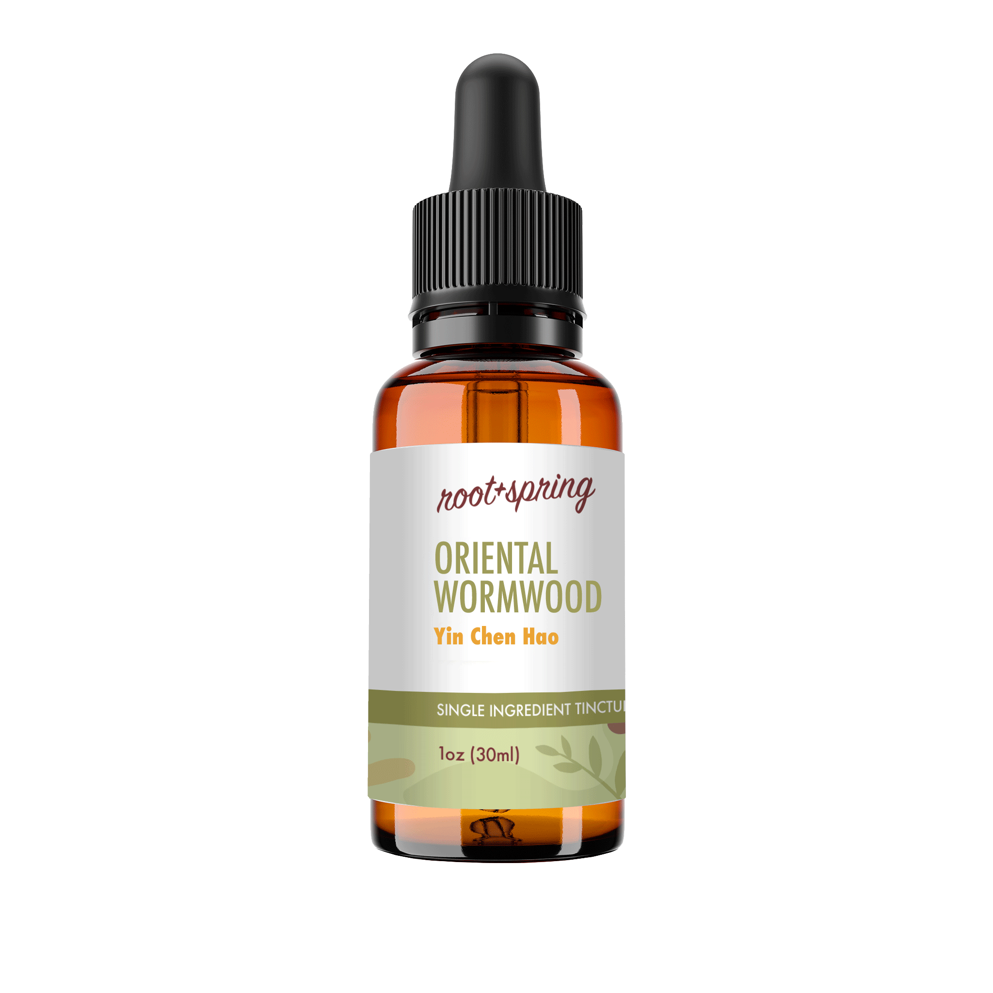 A 1 oz amber glass dropper bottle of Root+Spring Oriental Wormwood Yin Chen Hoo single ingredient tincture, featuring a black dropper cap and a white label with green and orange text, set against a plain white background.