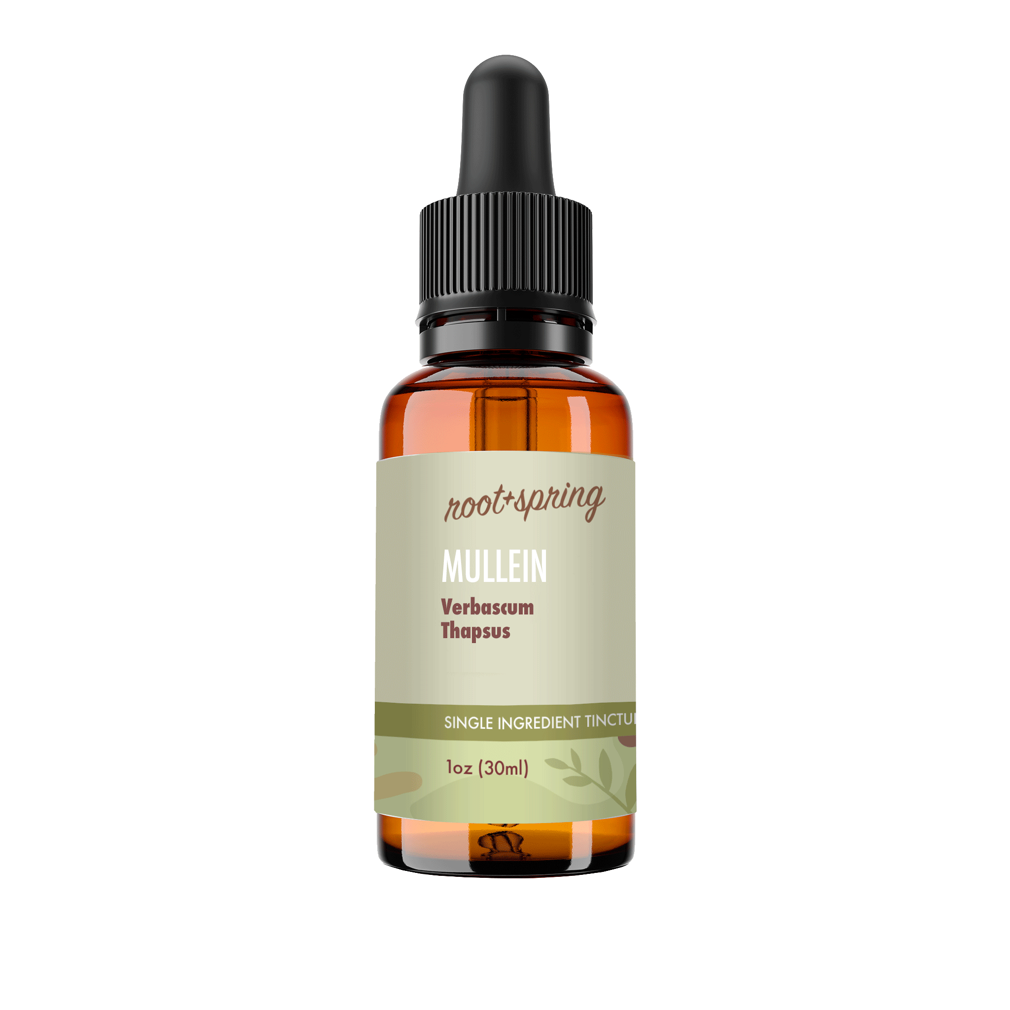 A 1 oz amber glass dropper bottle of Root+Spring Mullein tincture with a black dropper cap and a light olive-green label, shown on a solid white background.