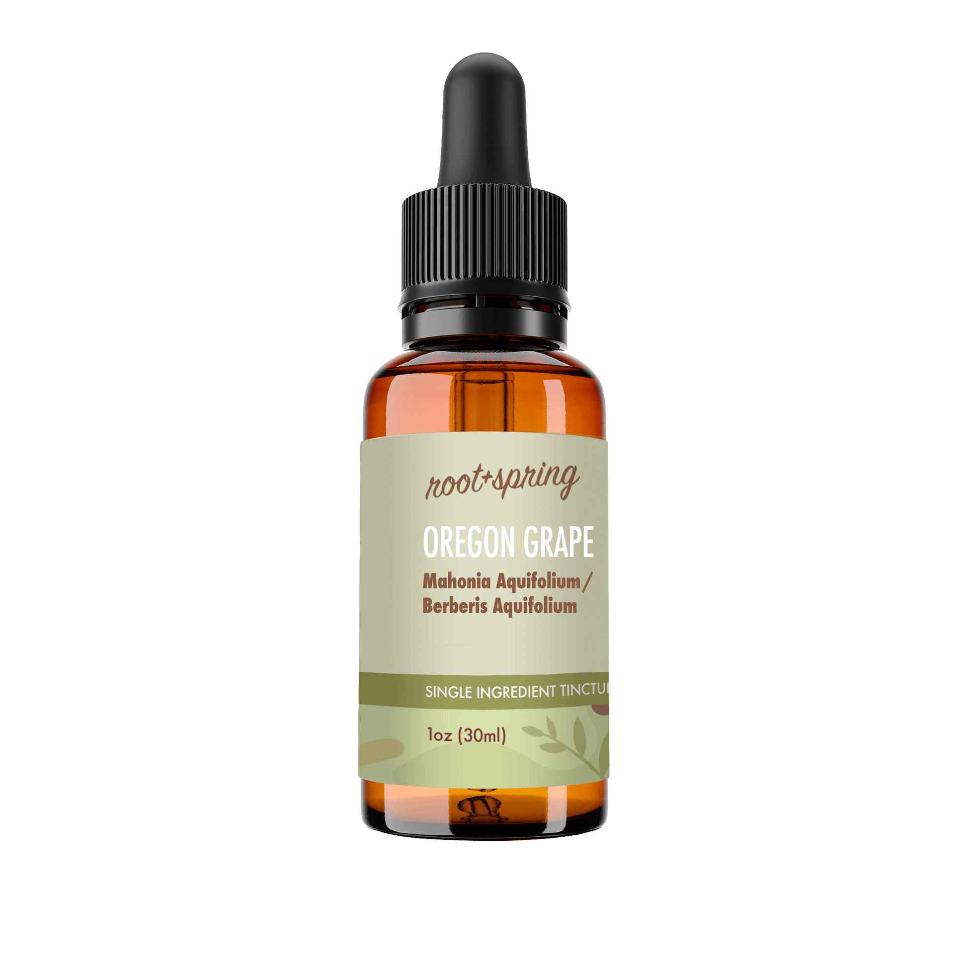 A 1 oz amber glass dropper bottle of Root+Spring Oregon Grape tincture with a black dropper cap and a light olive-green label, shown on a solid white background.