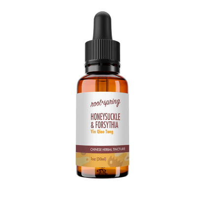 Amber eyedropper-top tincture bottle containing 1 fluid ounce (30 milliliters) of root + spring Honeysuckle and Forsythia Yin Qiao Tang Chinese herbal tincture.