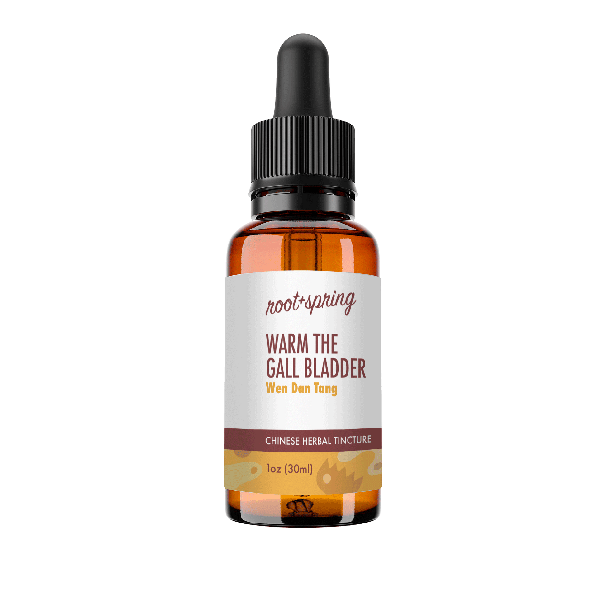 Amber eyedropper-top tincture bottle containing 1 fluid ounce (30 milliliters) of root + spring Warm the Gall Bladder Wen Dan Tang Chinese herbal tincture.