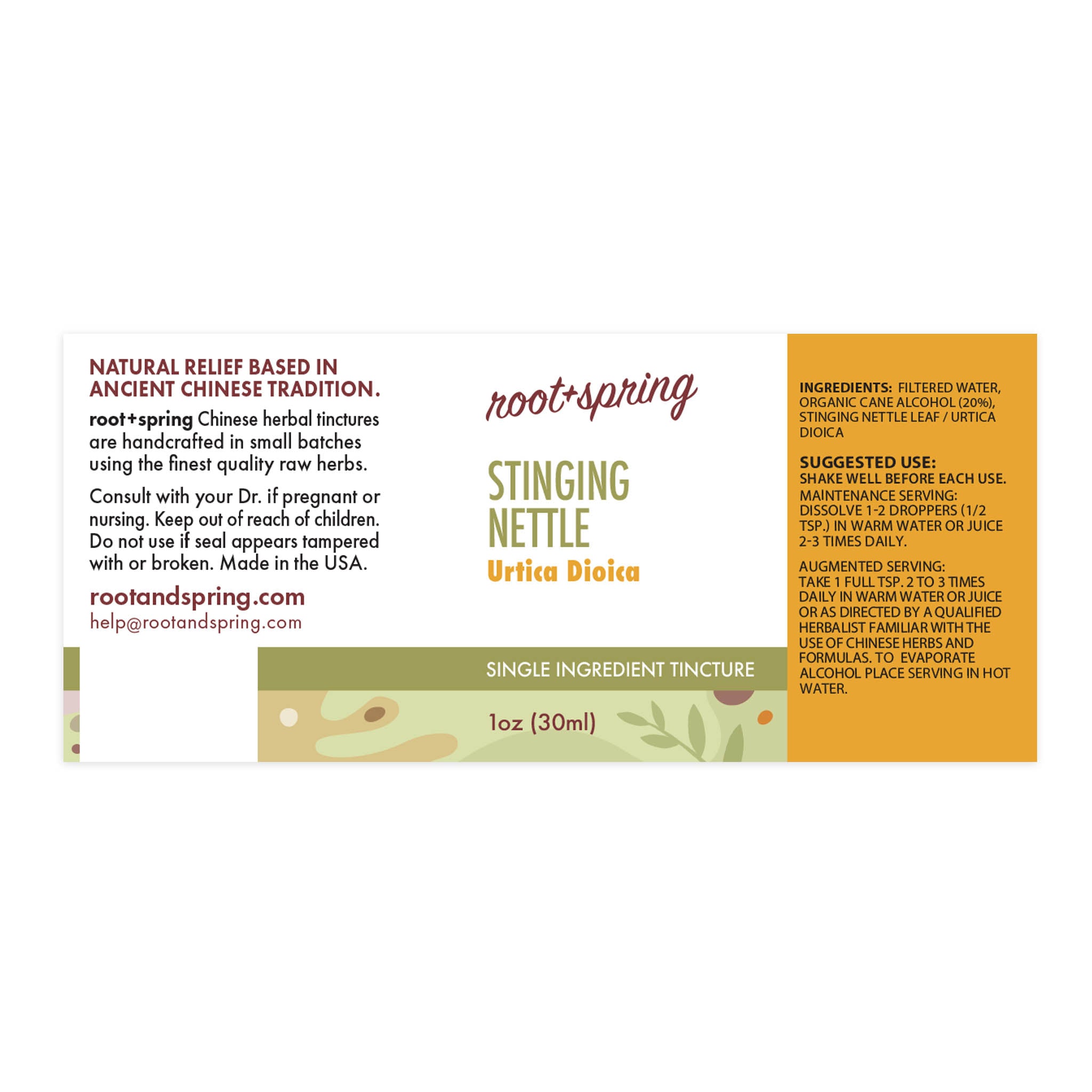 Label of Stinging Nettle (Urtica Dioica) Herbal Tincture by root + spring.