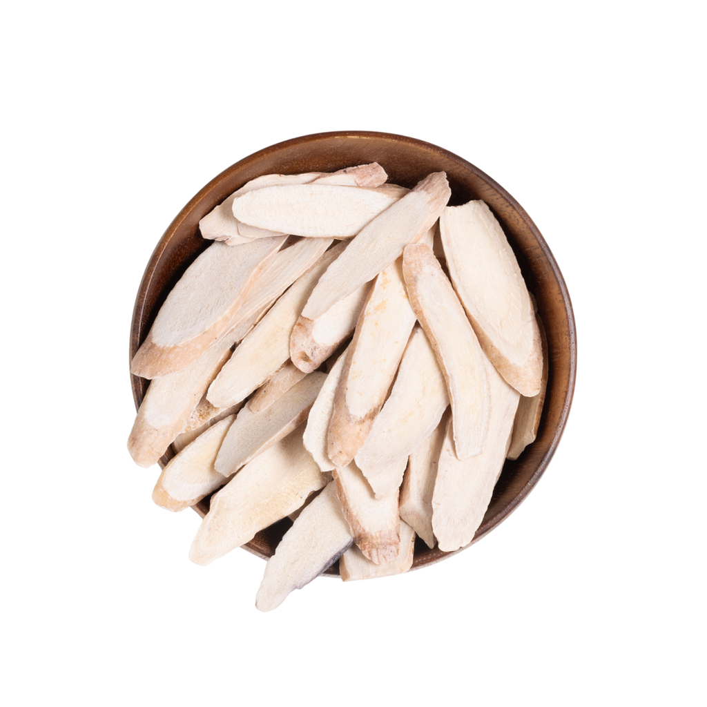Image of root  + spring's premium raw herb white peony or bai shao out  of the bag.