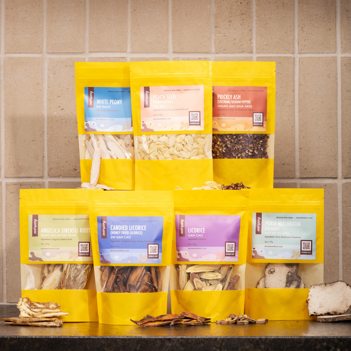 Lifestyle image of herbal tea blends White Peony, Peach Seed, Prickly Ash, Angelica Sinensis Root, Candied Licorice, Licorice, Poria Mushroom